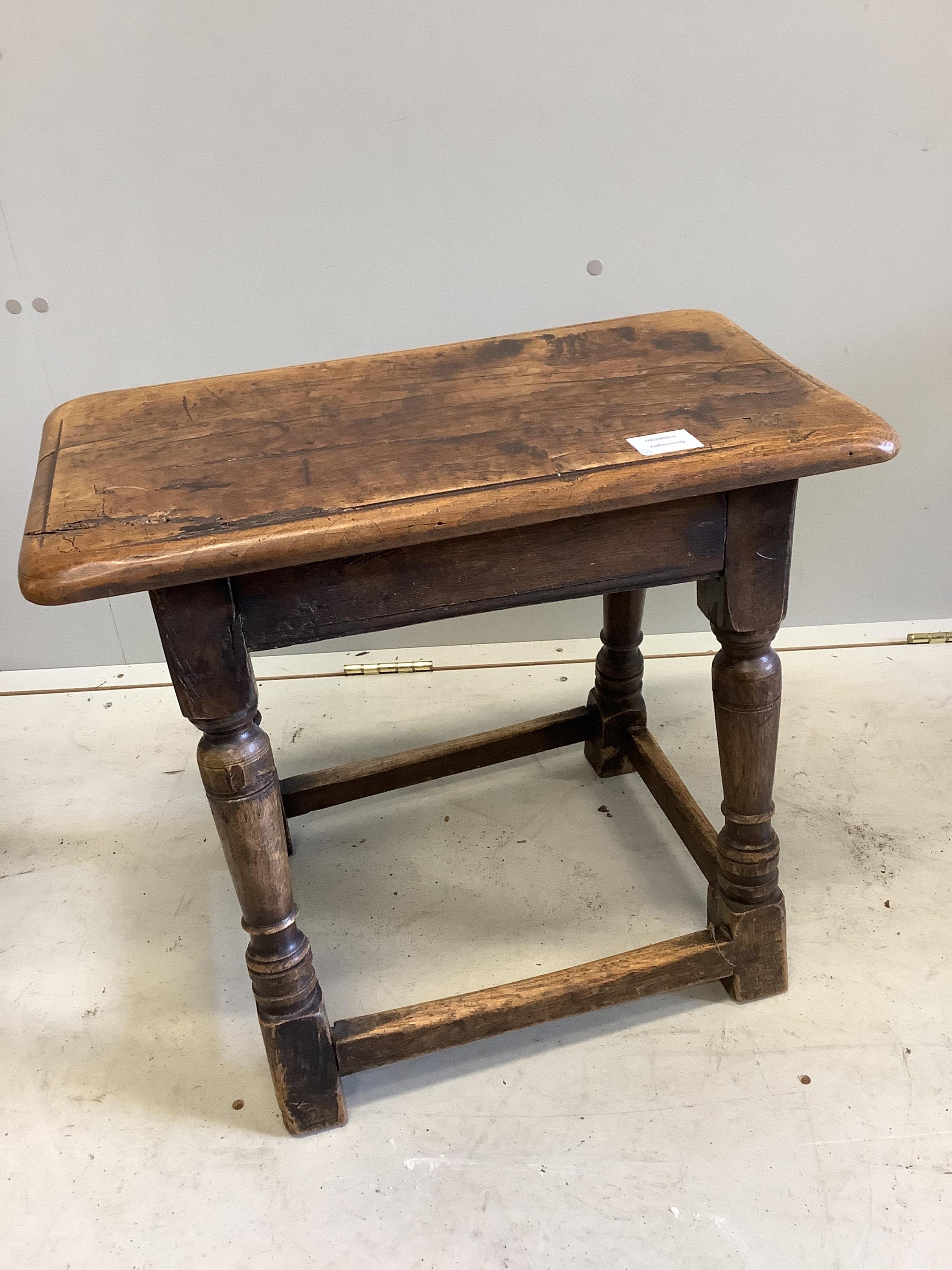 Two 17th century style oak joint stools, one with elm seat, largest 55cm. Condition - rather worn condition